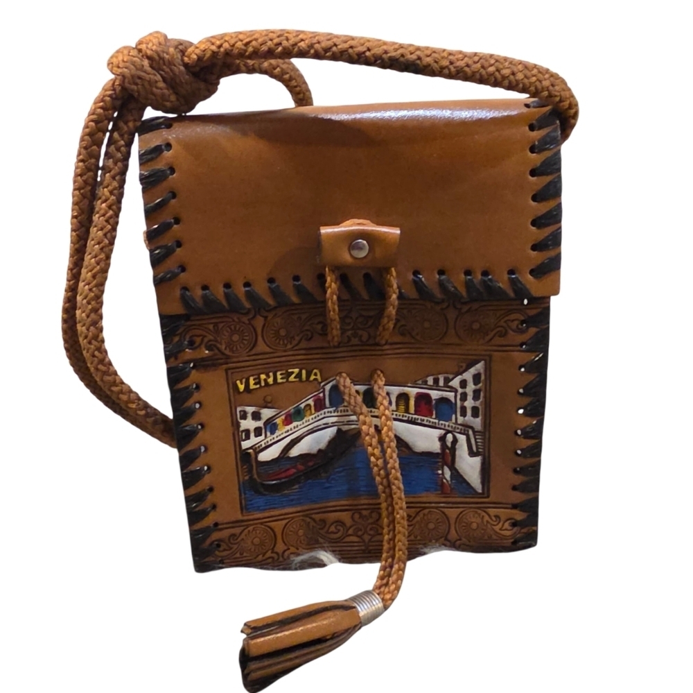 Vintage Hand Tooled Leather Small Crossbody Bag - Venezia, Italy Souvenir